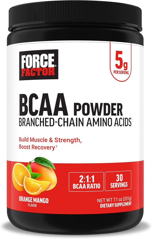 Delicious Orange Mango BCAA Amino Acids Supplement Powder for Muscle Recovery and Performance, 2:1:1 Ratio, No Artificial Colors or Flavors, 30 Servings