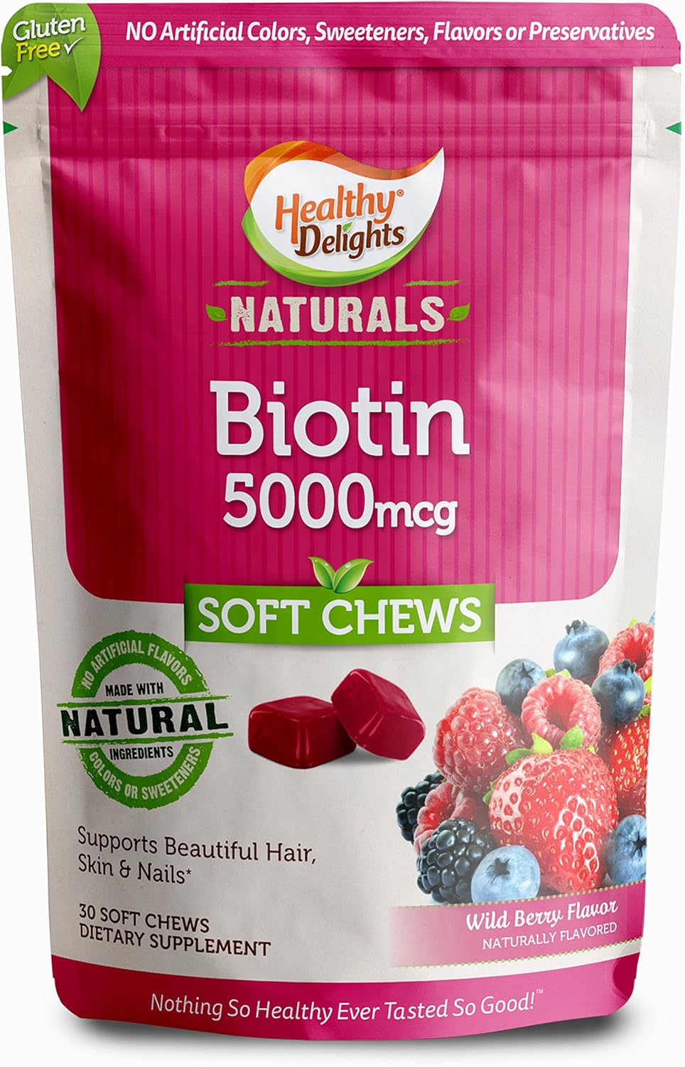 Delicious Wild Berry Biotin Soft Chews for Strong Nails, Lustrous Hair, and Glowing Skin - 30 Count