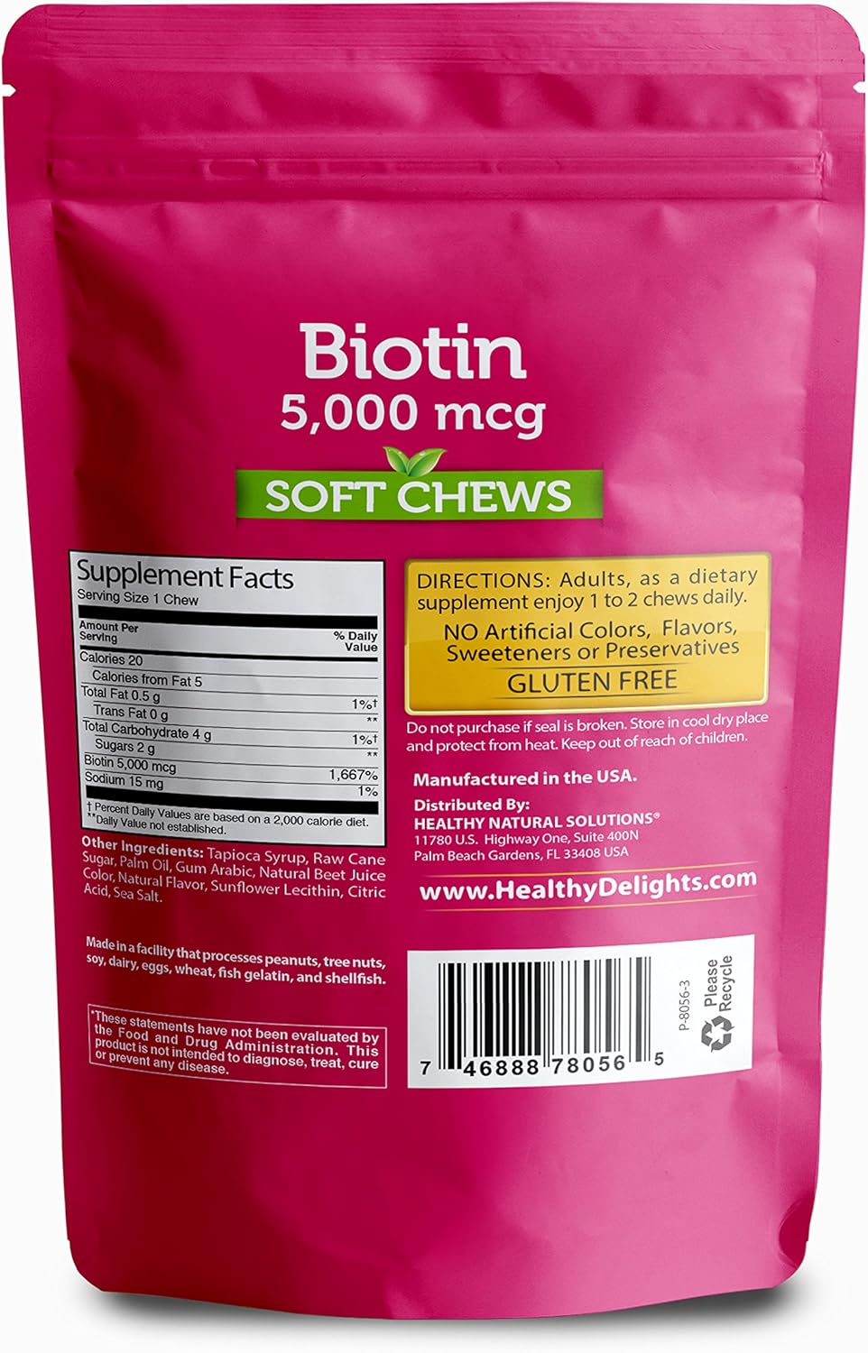 Delicious Wild Berry Biotin Soft Chews for Strong Nails, Lustrous Hair, and Glowing Skin - 30 Count