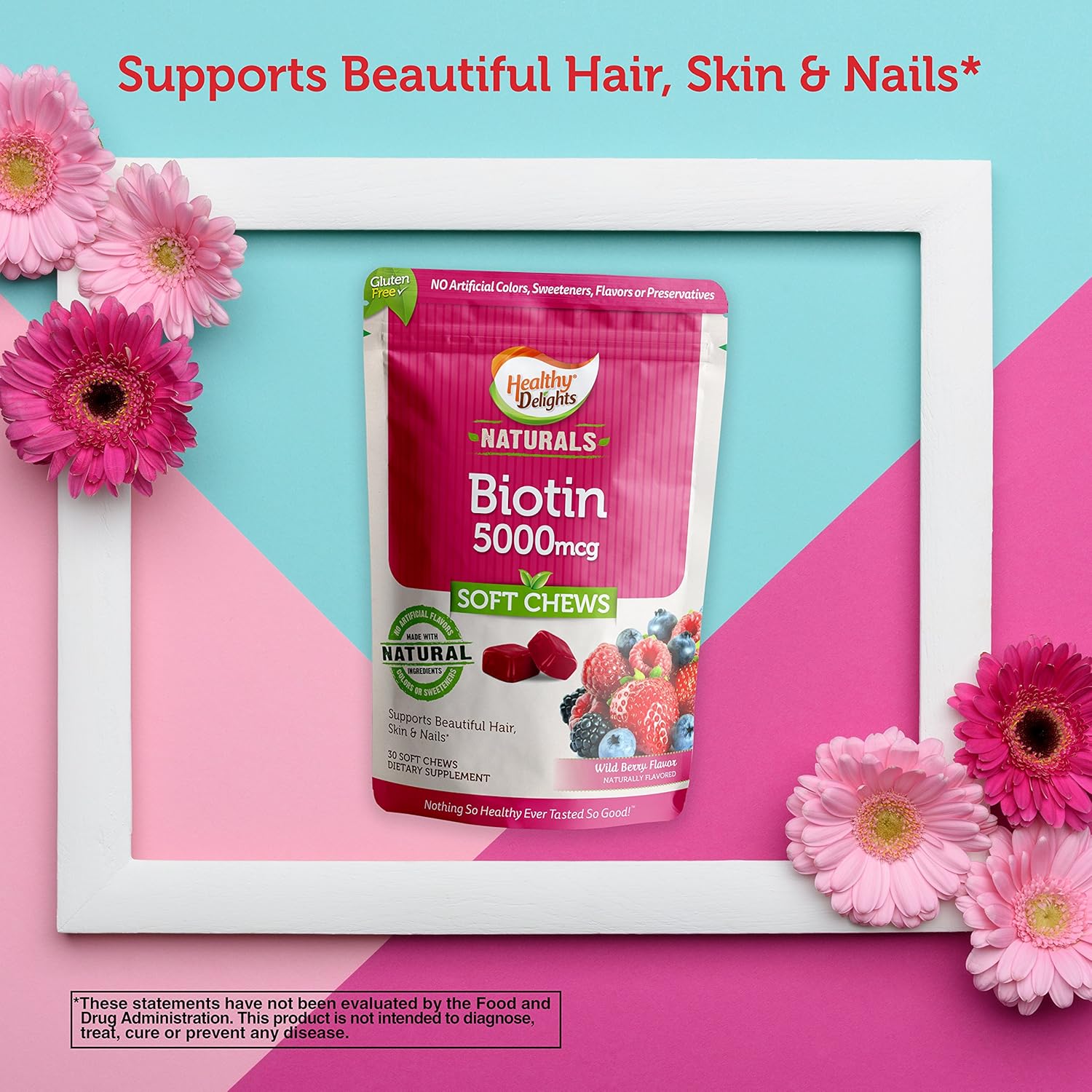 Delicious Wild Berry Biotin Soft Chews for Strong Nails, Lustrous Hair, and Glowing Skin - 30 Count