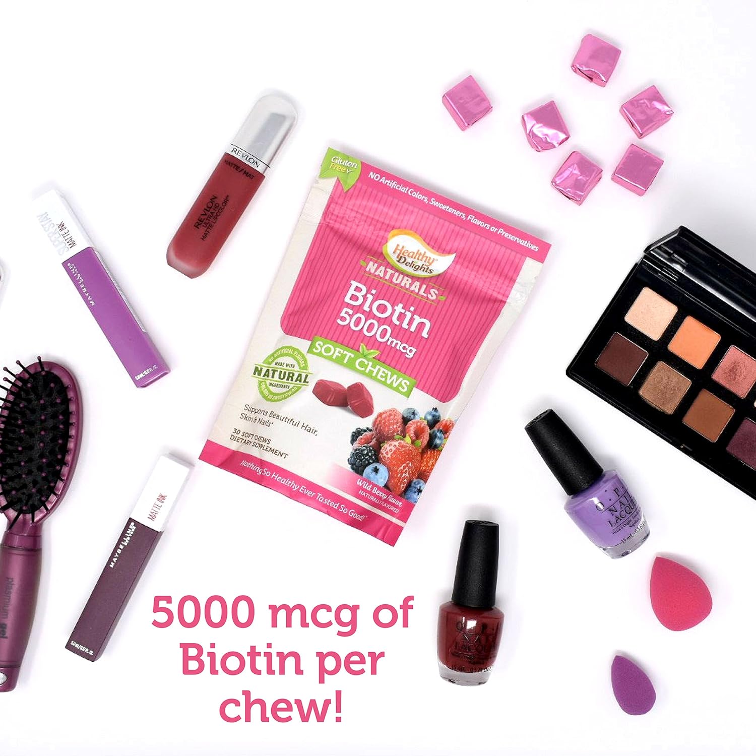 Delicious Wild Berry Biotin Soft Chews for Strong Nails, Lustrous Hair, and Glowing Skin - 30 Count
