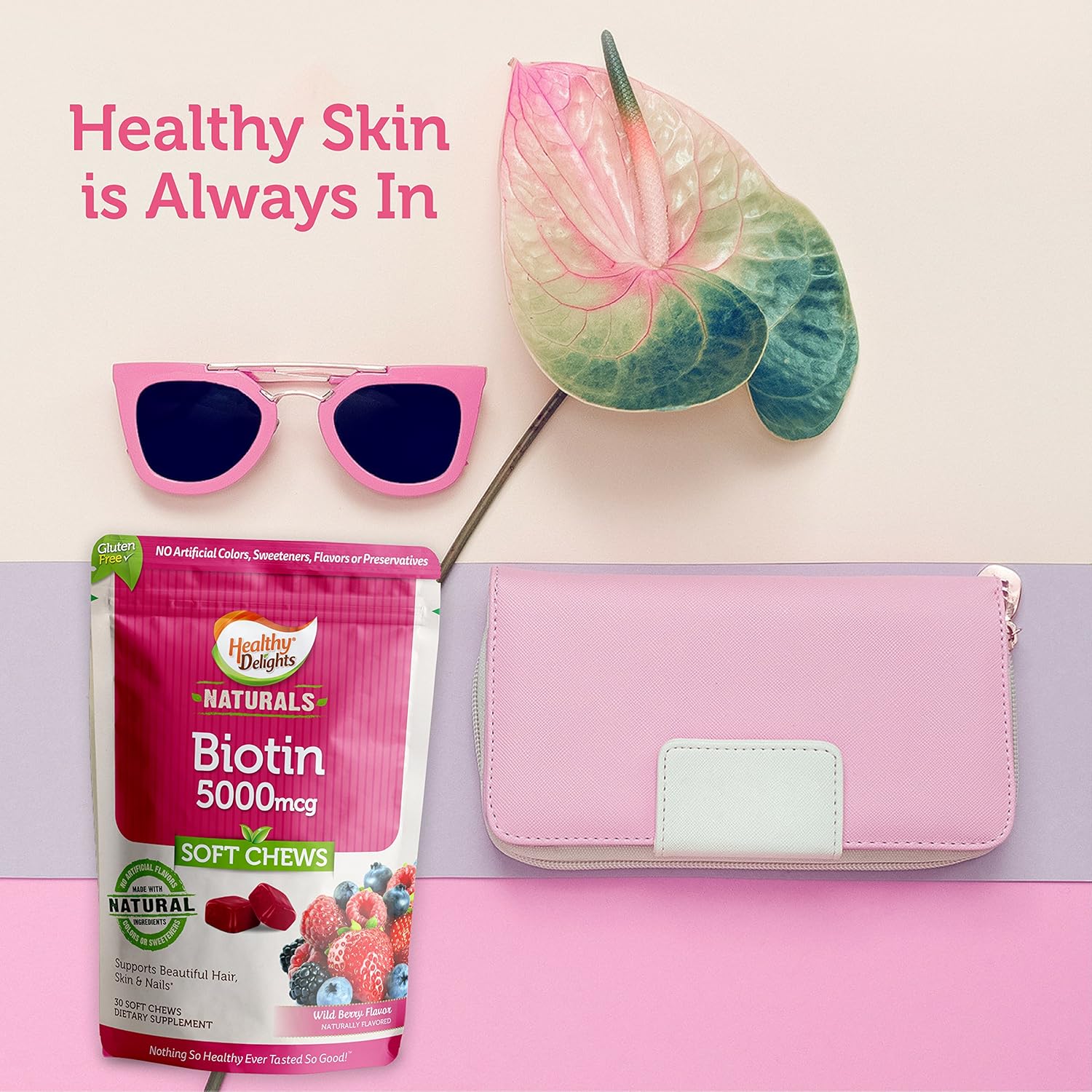 Delicious Wild Berry Biotin Soft Chews for Strong Nails, Lustrous Hair, and Glowing Skin - 30 Count