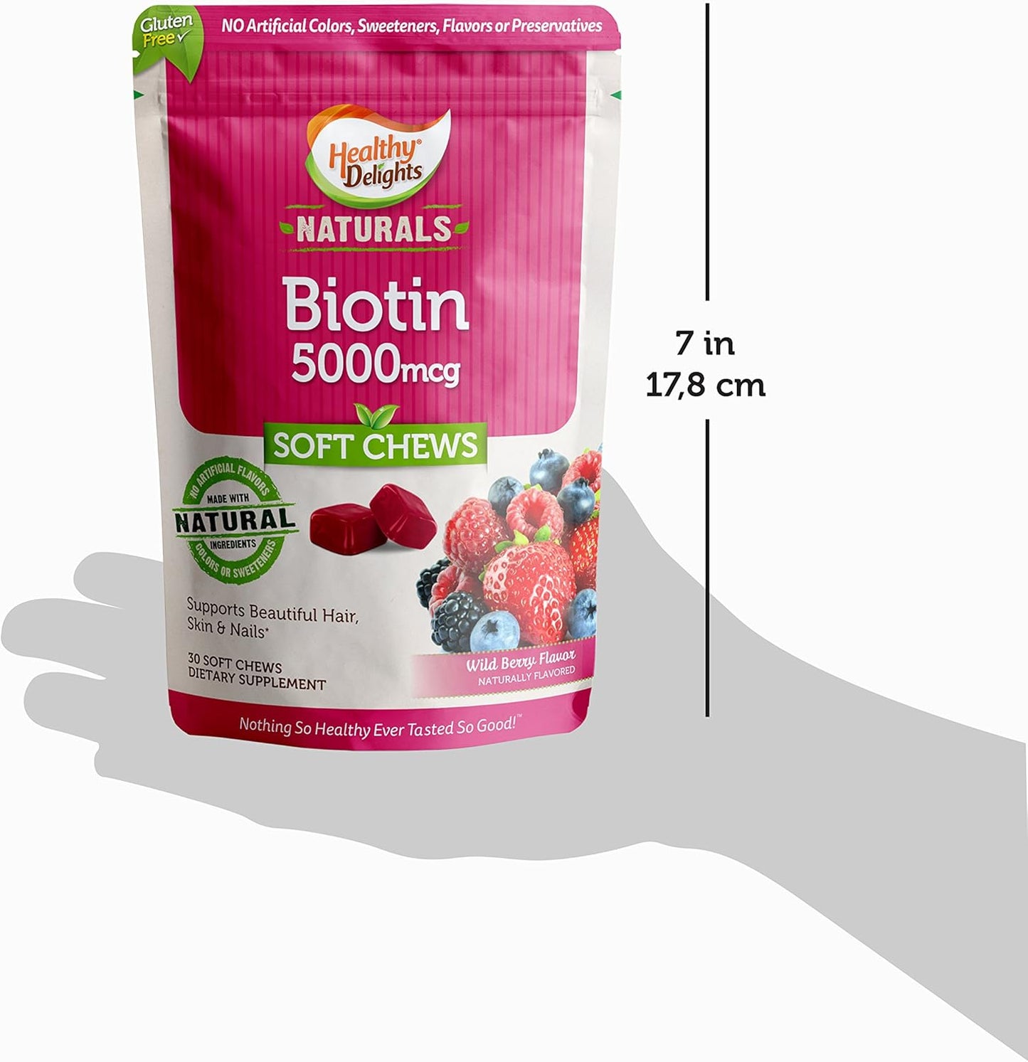 Delicious Wild Berry Biotin Soft Chews for Strong Nails, Lustrous Hair, and Glowing Skin - 30 Count