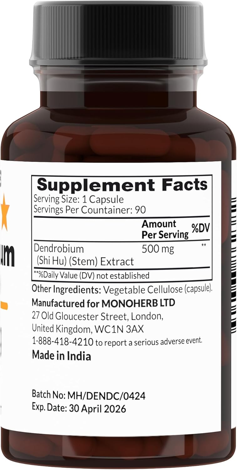 Dendrobium Shi Hu Supplement - 500mg Capsules - 90 Count - Vegetarian Formula