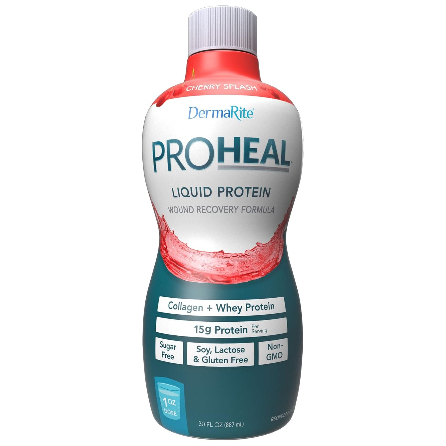 DermaRite ProHeal Liquid Protein Supplement - Cherry Splash Flavor, 30 oz, 6 Pack - 15g Collagen & Whey Protein for Wound Recovery