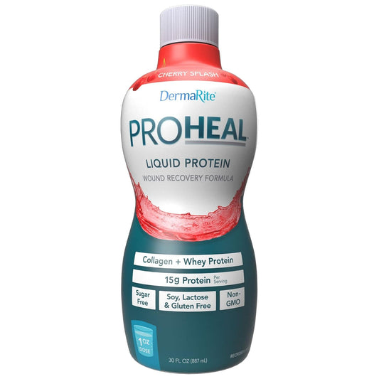 DermaRite ProHeal Liquid Protein Supplement - Cherry Splash Flavor, 30 oz, 6 Pack - 15g Collagen & Whey Protein for Wound Recovery