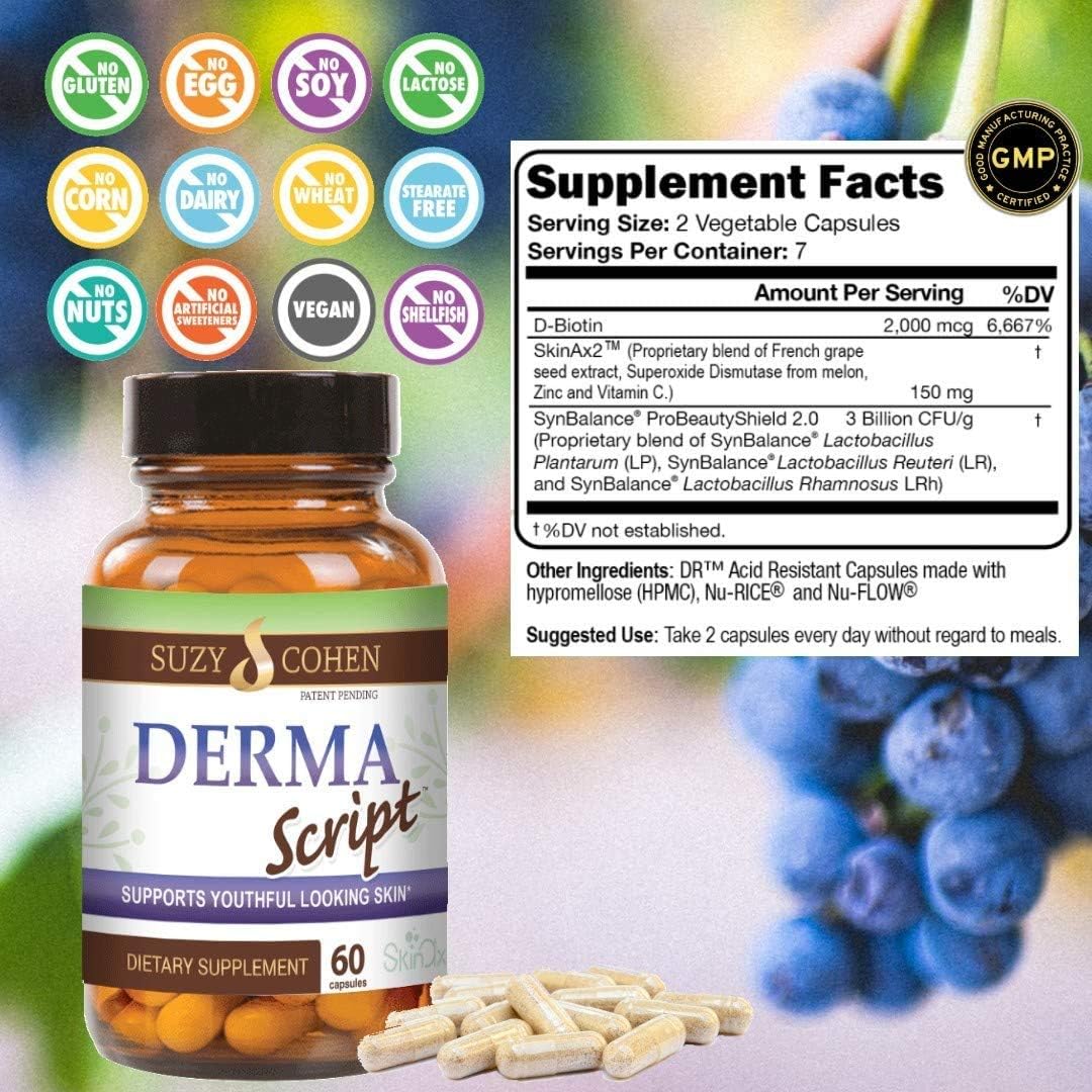 DermaScript Clear Skin Probiotic Supplement for Acne, Dryness, and Irritation - Biotin Face Care (60 Capsules)