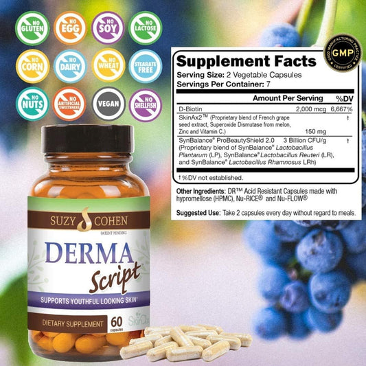 DermaScript Clear Skin Probiotic Supplement for Acne, Dryness, and Irritation - Biotin Face Care (60 Capsules)