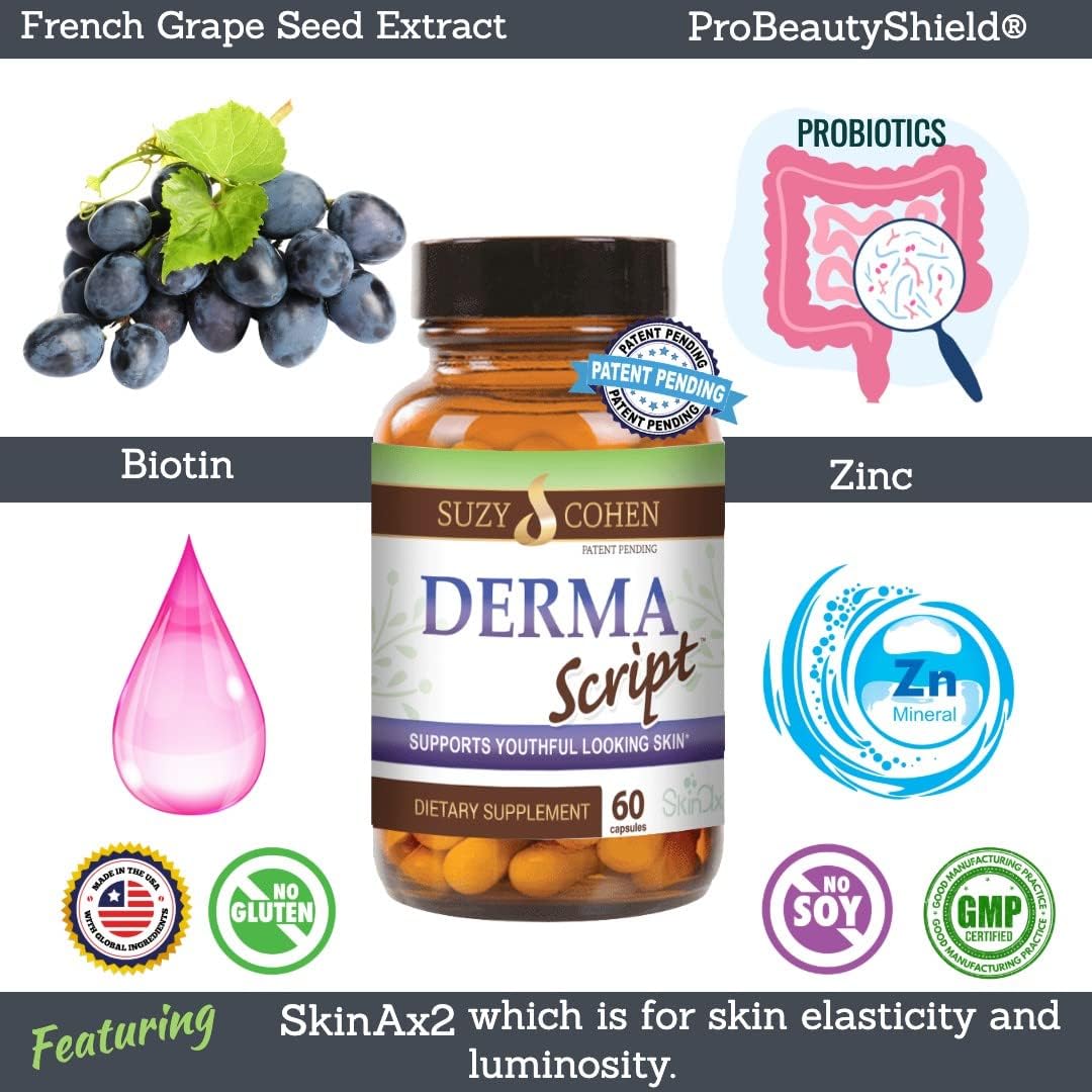 DermaScript Clear Skin Probiotic Supplement for Acne, Dryness, and Irritation - Biotin Face Care (60 Capsules)