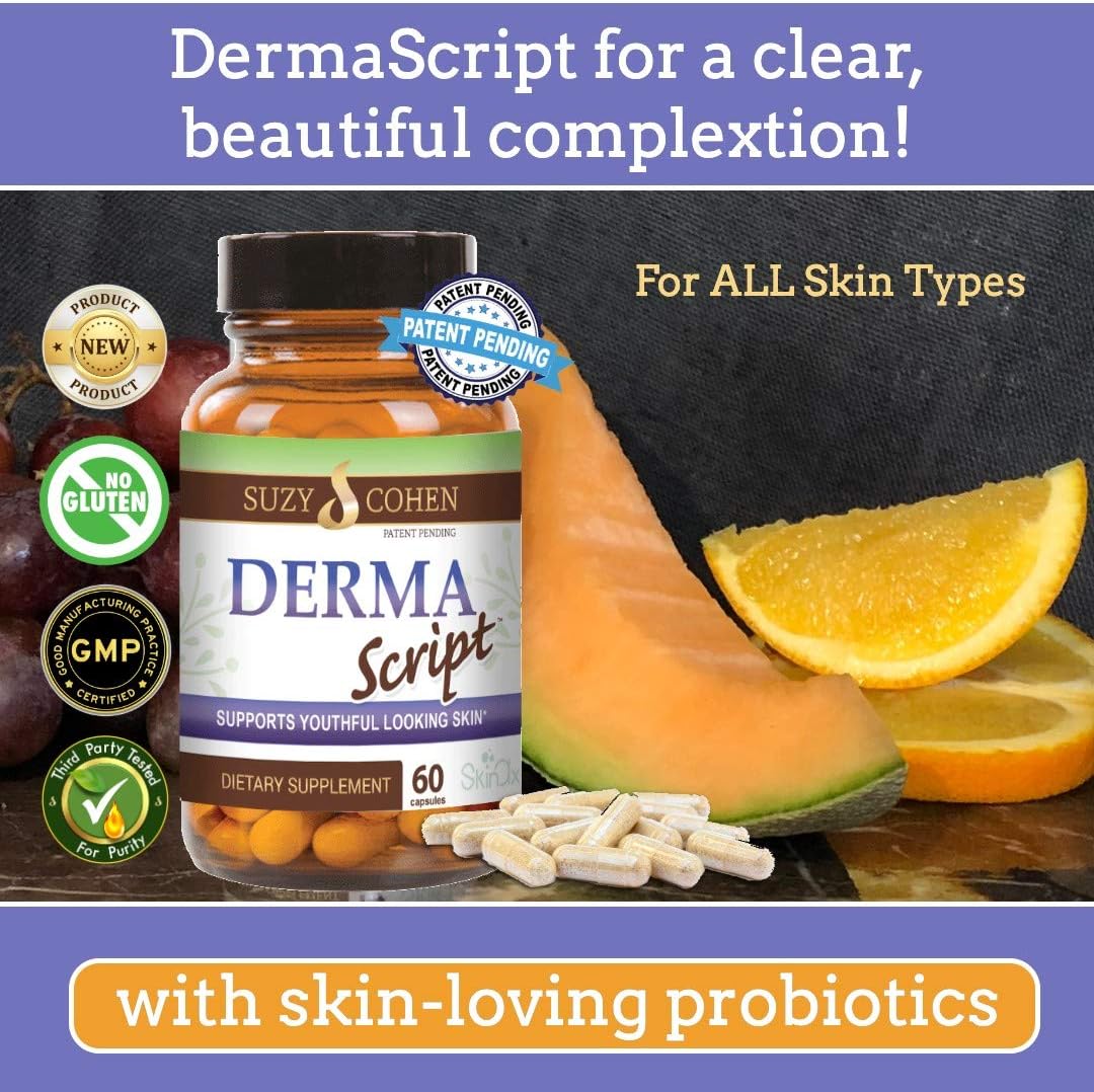 DermaScript Clear Skin Probiotic Supplement for Acne, Dryness, and Irritation - Biotin Face Care (60 Capsules)
