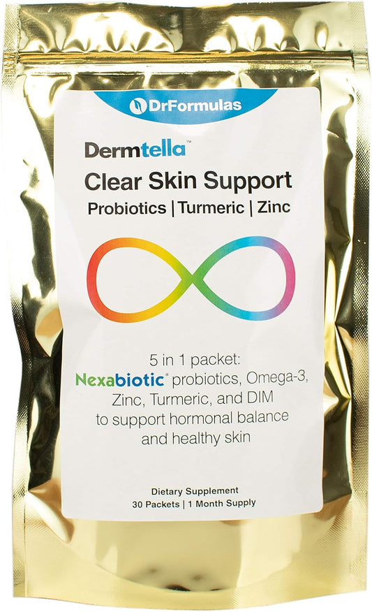 Dermtella Clear Skin Support Packs with Zinc, Probiotics, and DIM - Supplements for Acne, Women, Teens, Men - 1 Month Supply