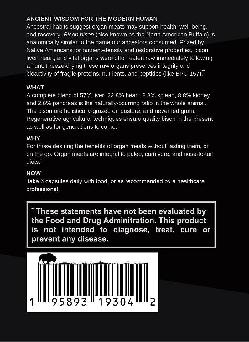 Desiccated Bison Liver Heart & Organ Complex Supplement - 100% Grass-fed Folsom Point Nutrition - Single Bottle - All-American Made