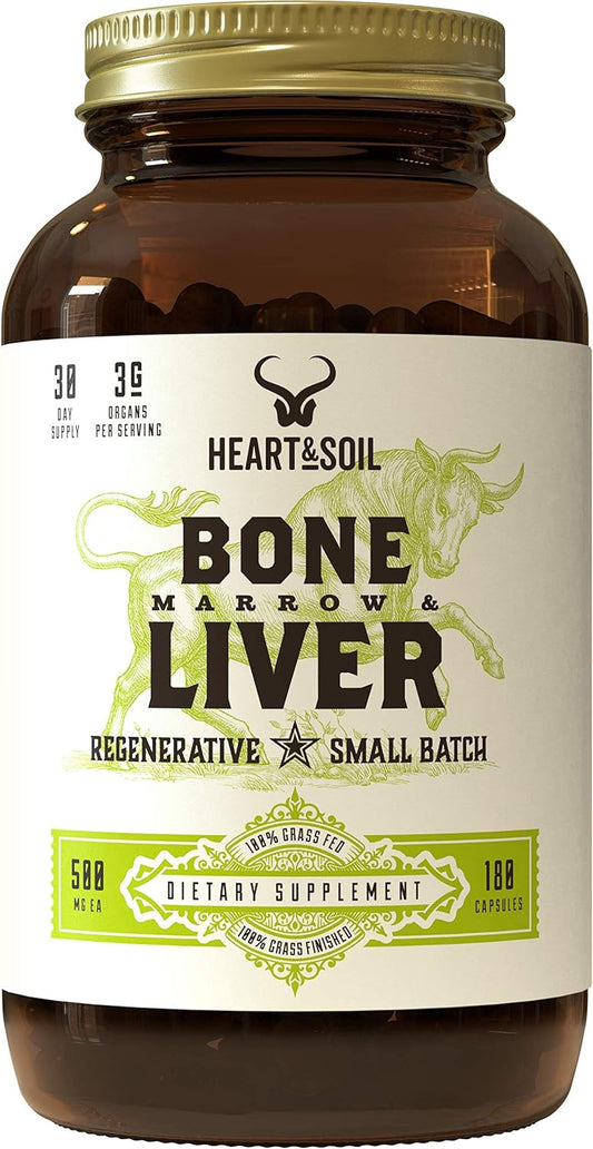 Desiccated Grass-Fed Bone Marrow & Liver Supplement for Mood, Bone, Joint, Tissue, & Skin Health - 180 Capsules