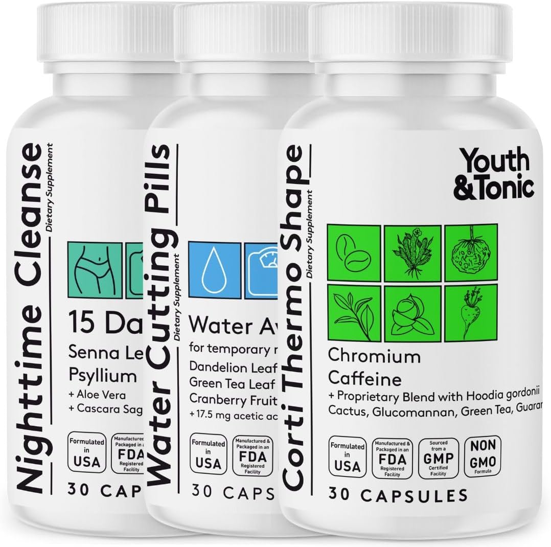 Detox Cleanse and Energy Support Pills for Weight Loss and Metabolism Boost - Youth & Tonic Dietary Supplement with Gut Cleanse and CortiThermo Shape, 90 Capsules
