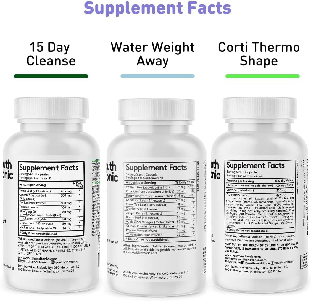Detox Cleanse and Energy Support Pills for Weight Loss and Metabolism Boost - Youth & Tonic Dietary Supplement with Gut Cleanse and CortiThermo Shape, 90 Capsules