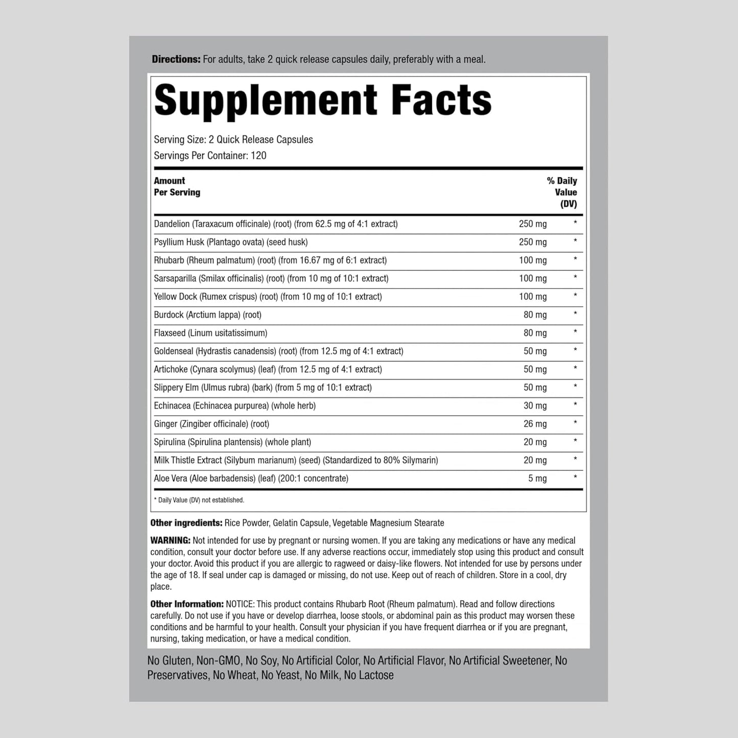 Detox Cleanse Capsules with Dandelion Root and Psyllium Husk | 240 Pills Herbal Complex for Lean Formula | Non-GMO, Gluten Free Supplement