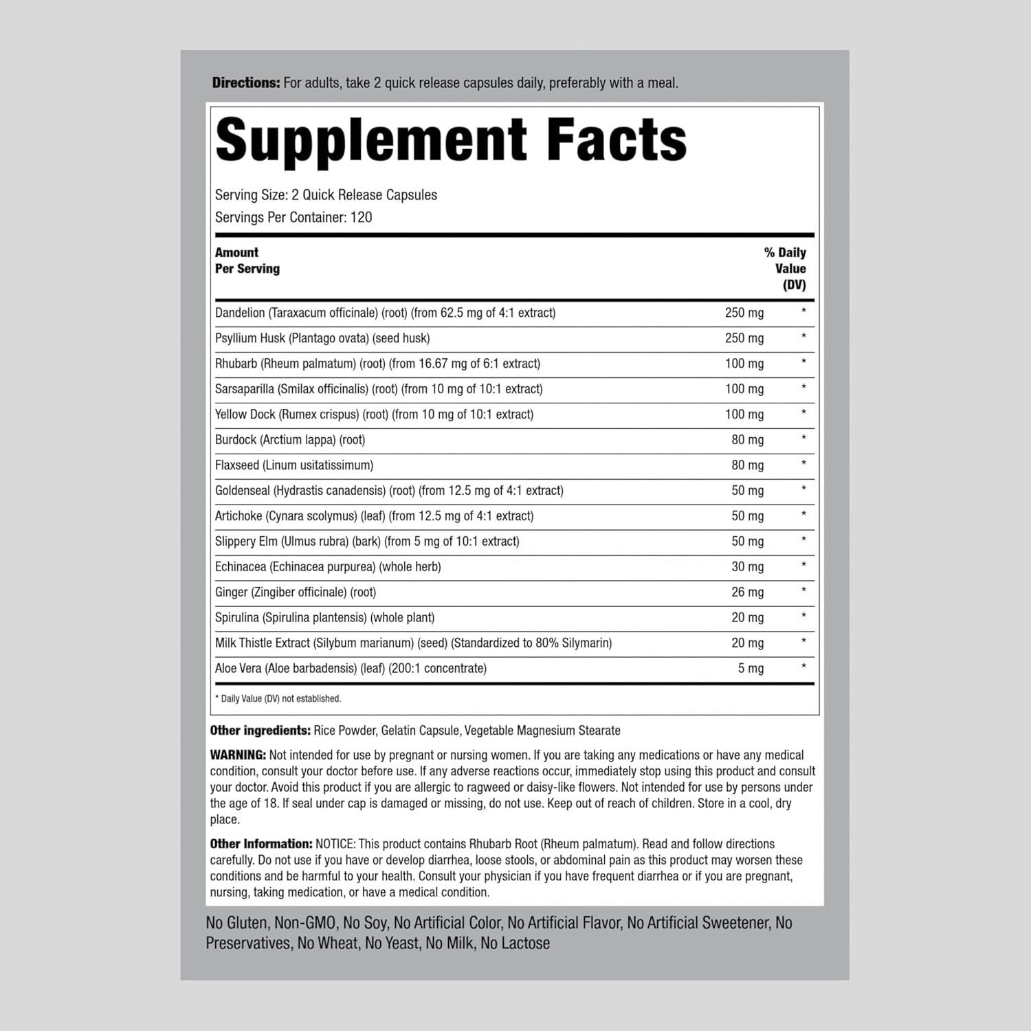 Detox Cleanse Capsules with Dandelion Root and Psyllium Husk | 240 Pills Herbal Complex for Lean Formula | Non-GMO, Gluten Free Supplement