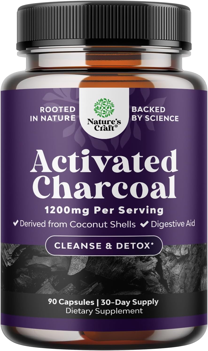 Detox & Cleanse with Natures Craft Activated Charcoal Pills - Coconut Capsules for Bloating Relief - 1200mg Per Serving - 90 Count