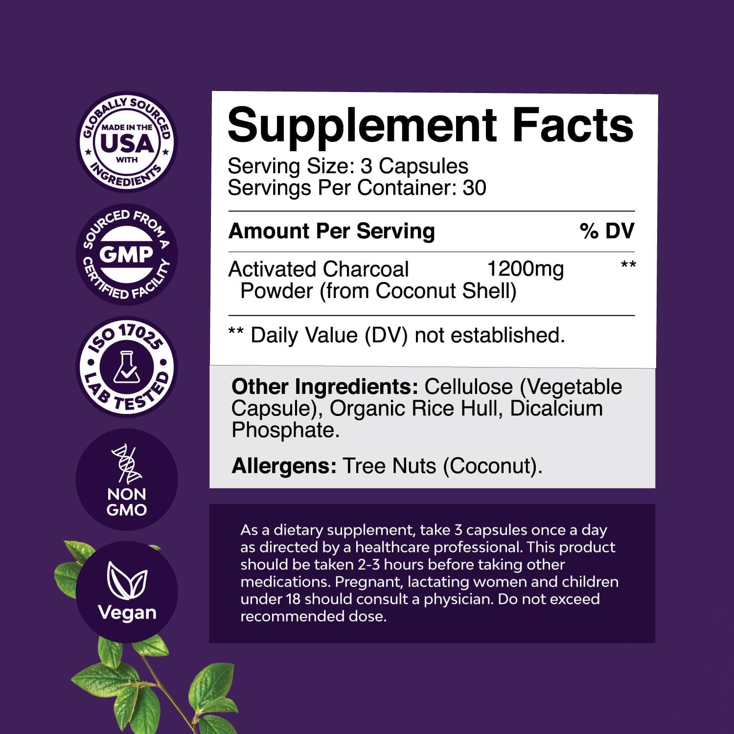 Detox & Cleanse with Natures Craft Activated Charcoal Pills - Coconut Capsules for Bloating Relief - 1200mg Per Serving - 90 Count