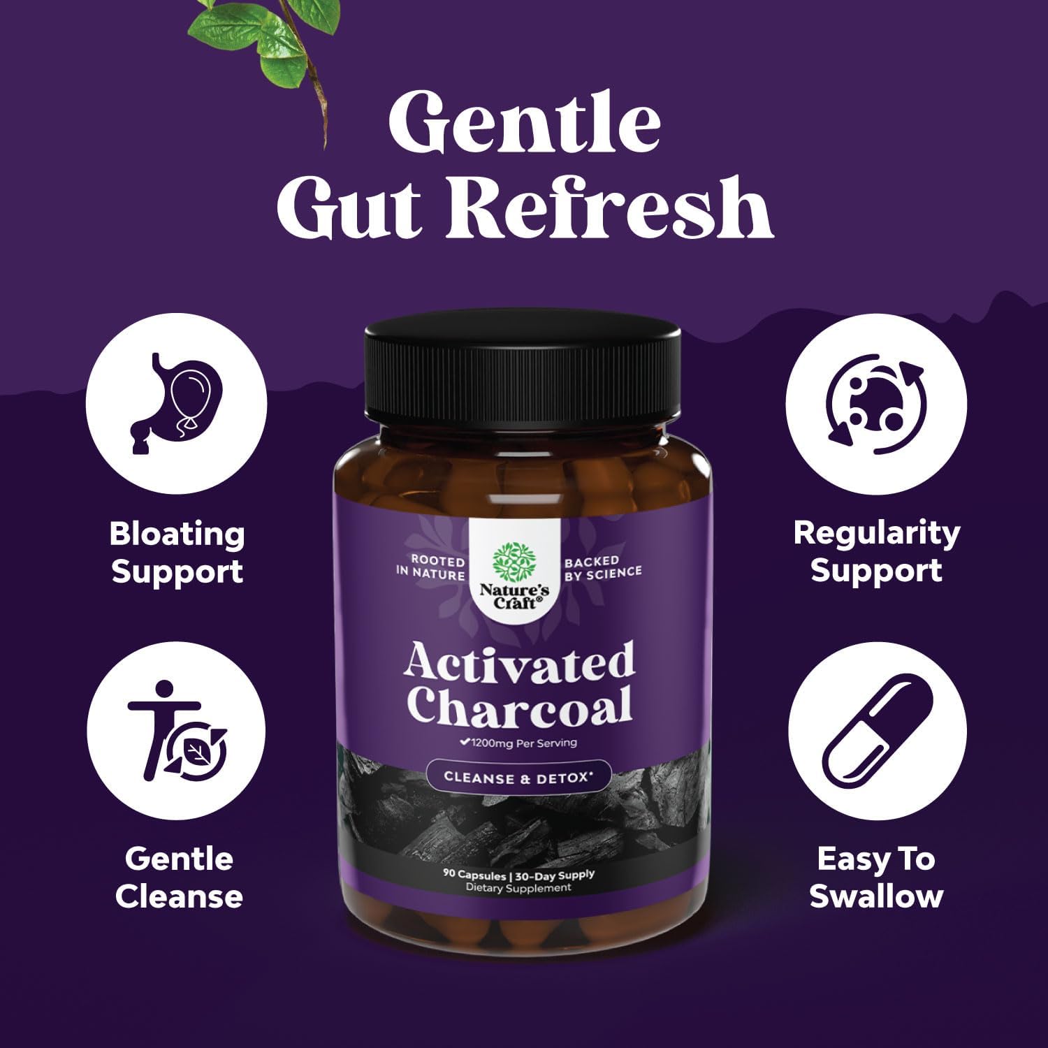 Detox & Cleanse with Natures Craft Activated Charcoal Pills - Coconut Capsules for Bloating Relief - 1200mg Per Serving - 90 Count