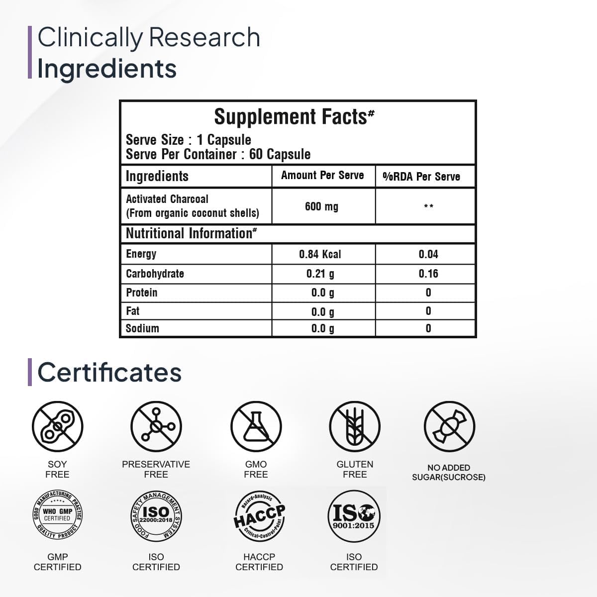 Detox Your Body with Activated Charcoal Pack - 60 Capsules, Including Activated Coconut Charcoal for Jet Lag and Alcohol Detox