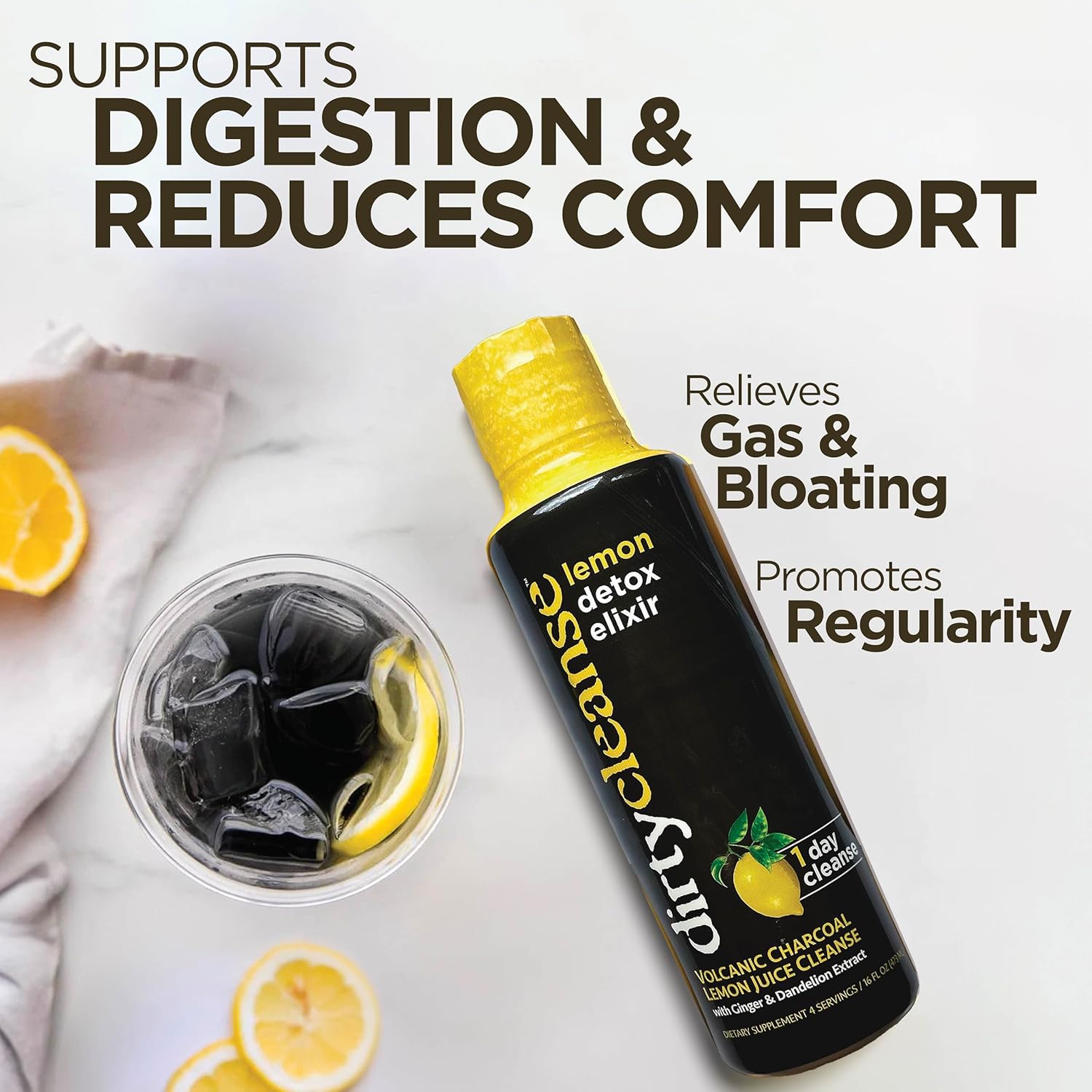 Detoxifying Lemon Drink with Volcanic Charcoal, Ginger, and Dandelion Extract - 4 Servings