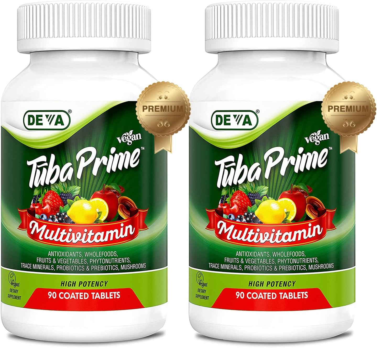DEVA Tuba Prime Vegan Multivitamin with High-Potency Vitamins, Minerals, Antioxidants, and Super Mushrooms - 180 Tabs, 2-Pack