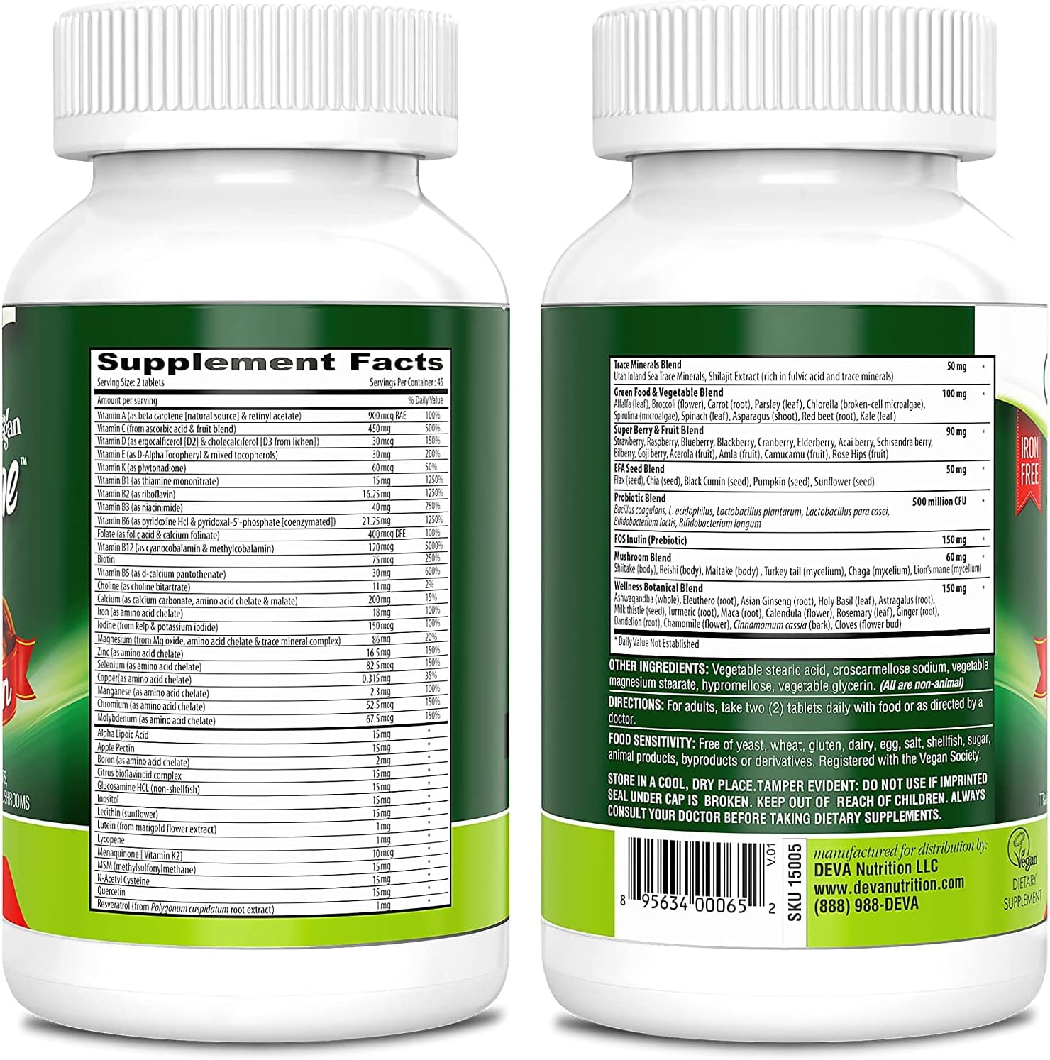 DEVA Tuba Prime Vegan Multivitamin with High-Potency Vitamins, Minerals, Antioxidants, and Super Mushrooms - 180 Tabs, 2-Pack