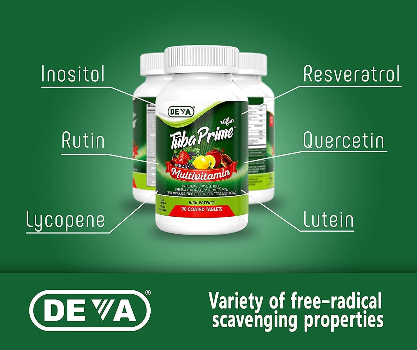 DEVA Tuba Prime Vegan Multivitamin with High-Potency Vitamins, Minerals, Antioxidants, and Super Mushrooms - 180 Tabs, 2-Pack