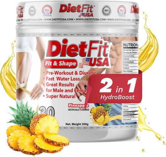 DIETFIT USA Hydroboost Pre-Workout and Diuretic 300g - Pineapple Flavor | 2-in-1 Fitness Supplement for Intense Energy | 30 Servings