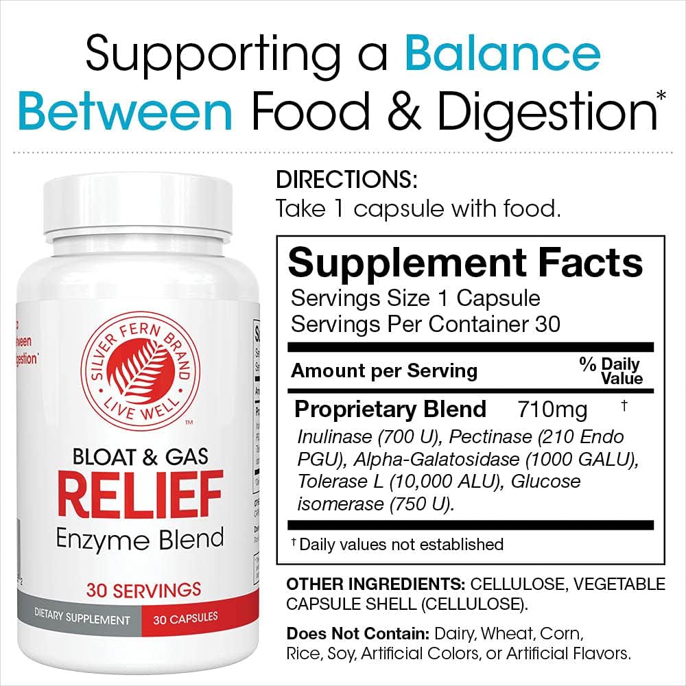 Digestive Enzyme Blend for Bloat & Gas Relief - 30 Servings - FODMAP & Bloating Supplement - Silver Fern Formula with Tolerase L & Pectinase