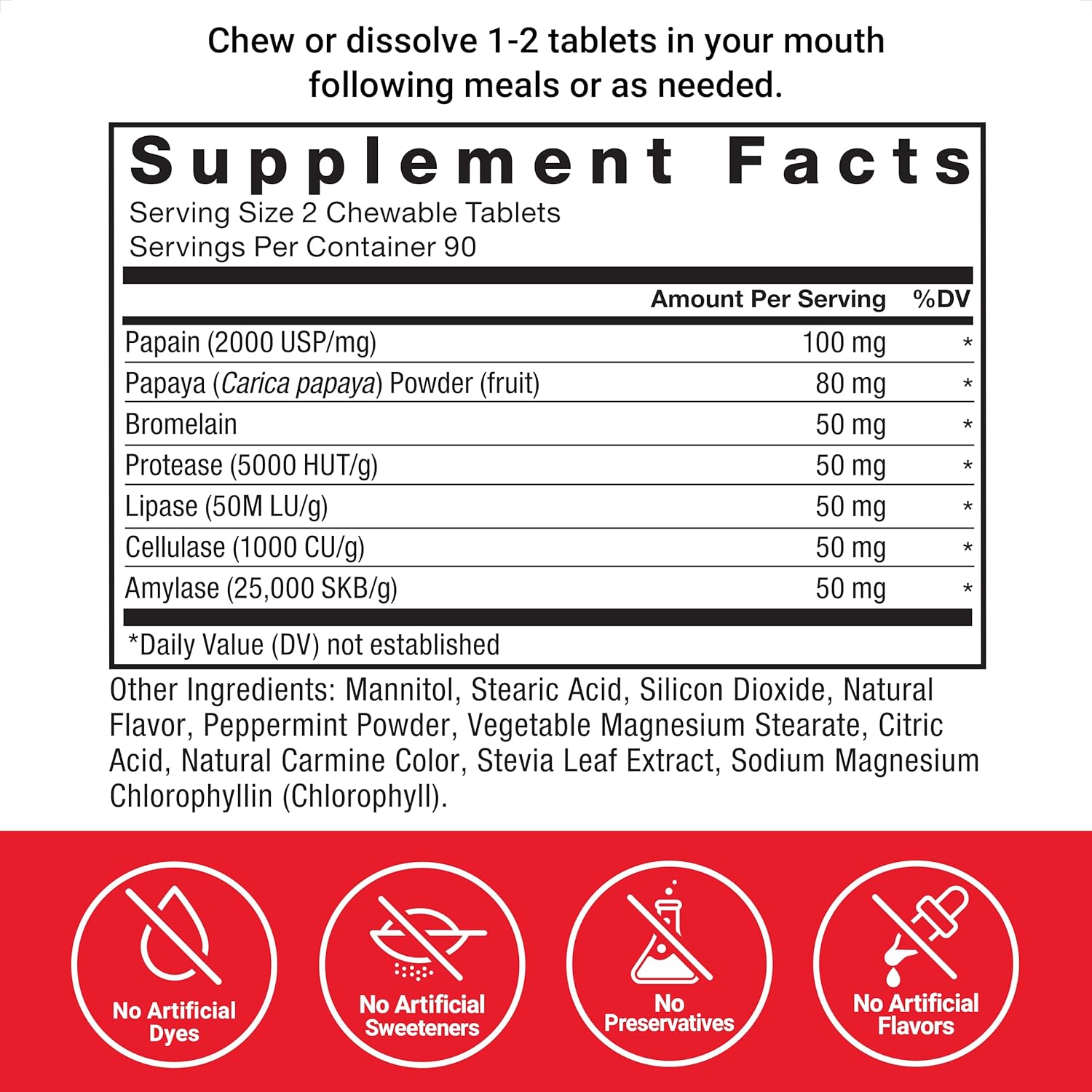 Digestive Enzyme Supplement with Papaya, Amylase, and Bromelain - 180 Chewable Tablets for Healthy Digestion and Bloating Relief - Tropical Fruit Flavor, Sugar Free, Non-GMO