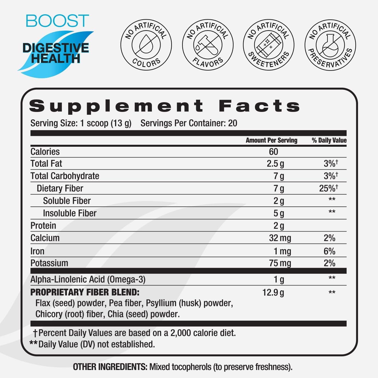 Digestive Health Boost Fiber Supplement with Chicory Root, Pea Fiber, Psyllium Husk - Heart Health Benefits - 7g Fiber - 20 Servings