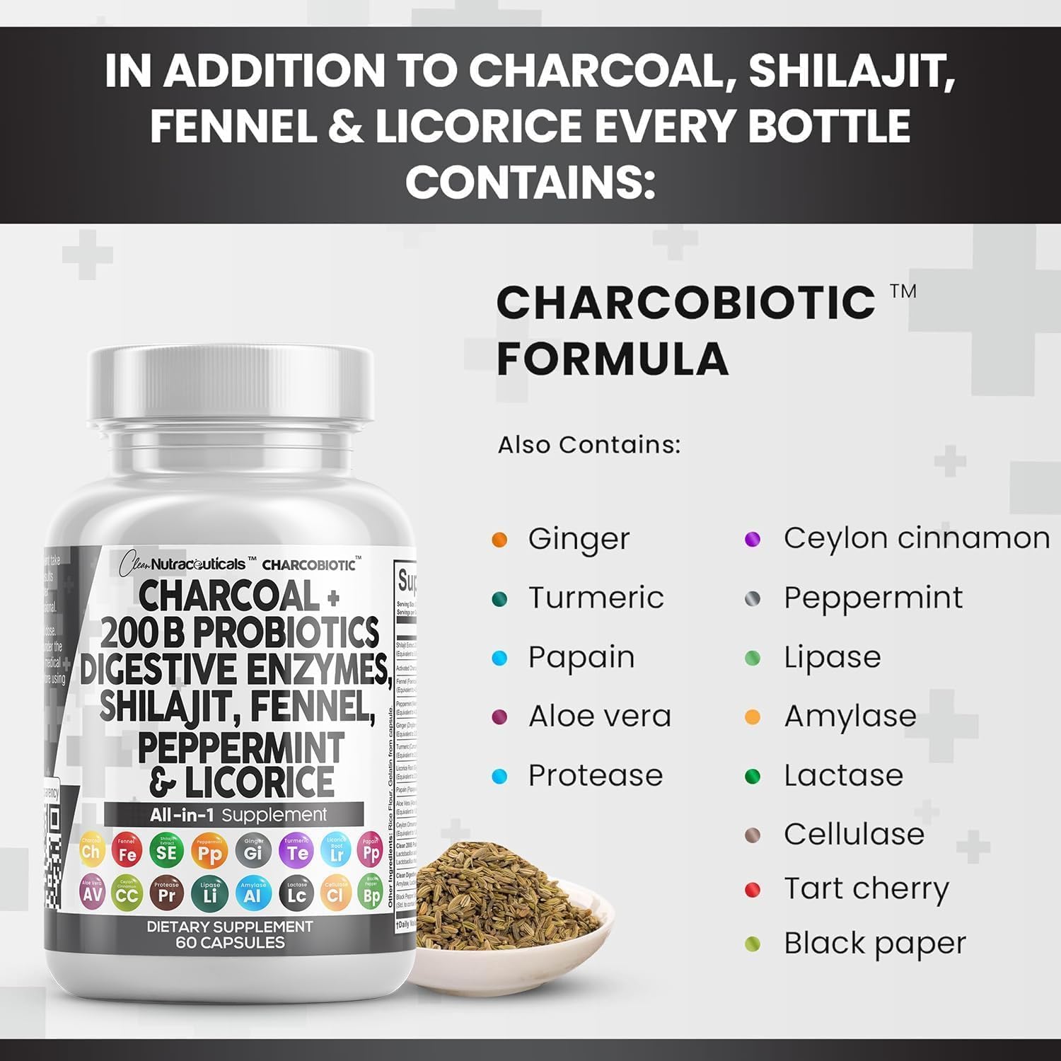 Digestive Health Bundle: Activated Charcoal, Shilajit, Probiotics, Enzymes, & Herbs for Gut Health