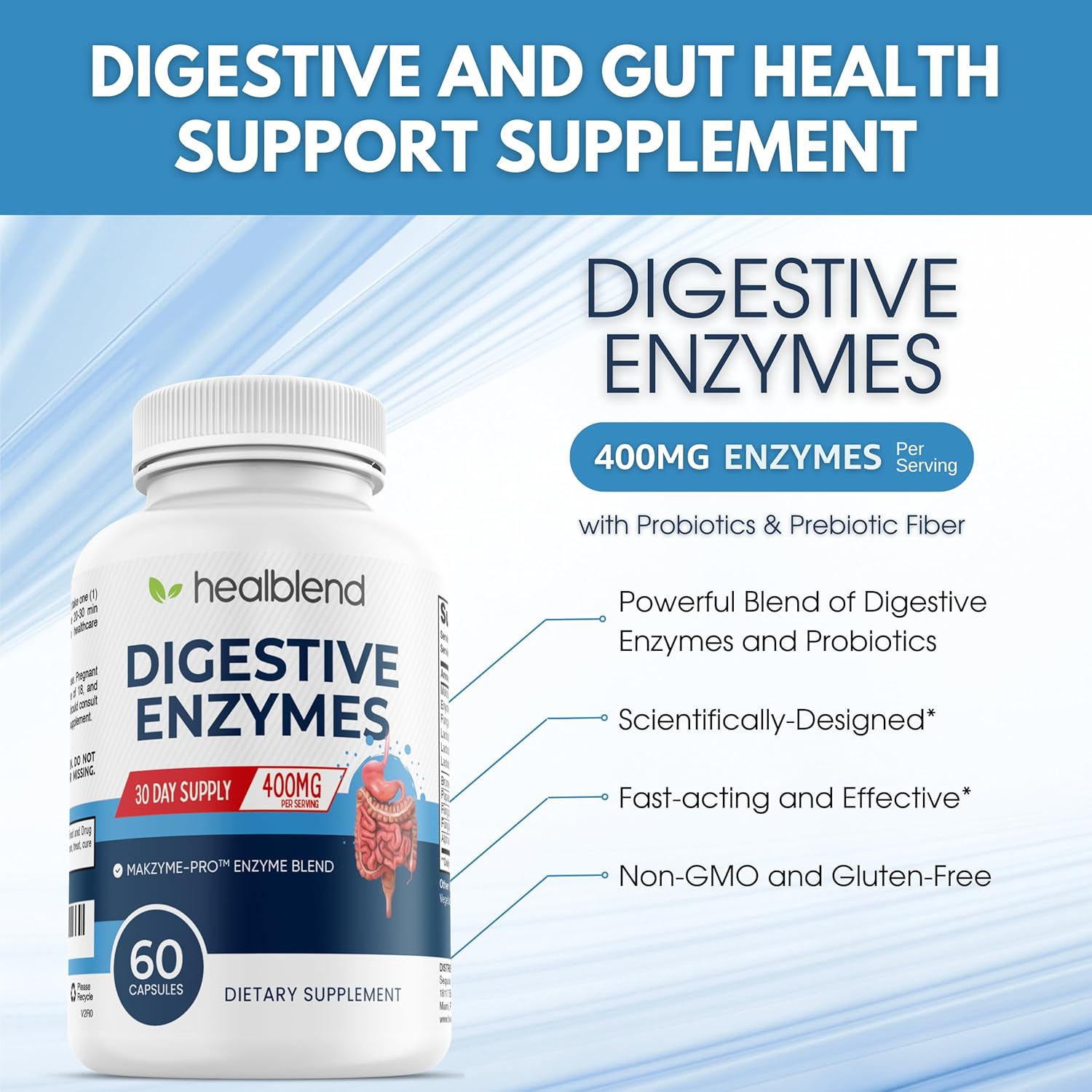 Digestive Health Enzyme Blend Supplement with Probiotics - 60 Capsules for Enhanced Digestion