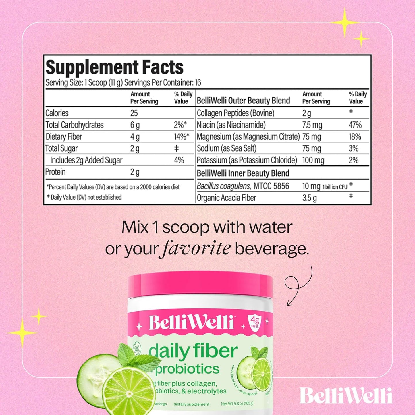 Digestive Health Fiber Supplement with Collagen, Probiotics, and Electrolytes - Cucumber Lime Mint Flavor - 16 Servings