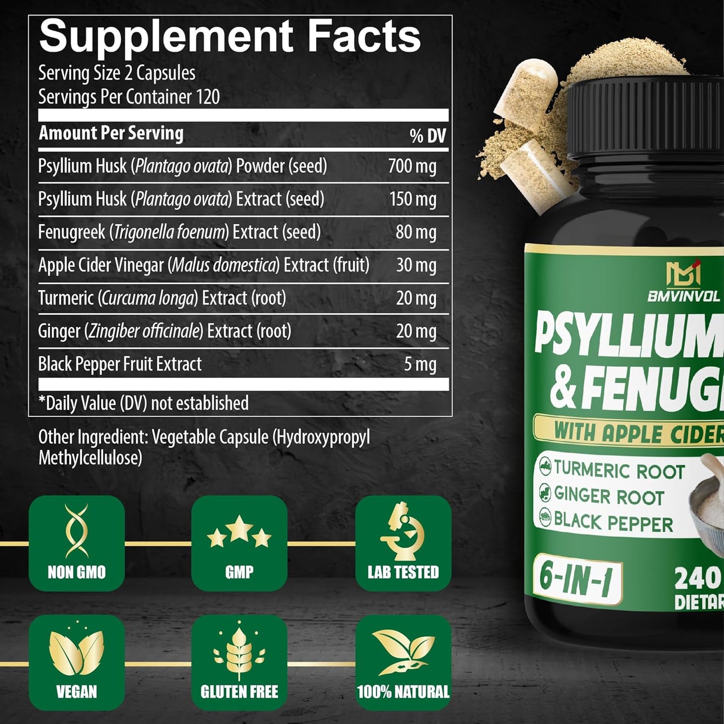 Digestive Health Support Supplement with Psyllium Husk Fiber, Fenugreek, Apple Cider Vinegar, Turmeric - 240 Capsules