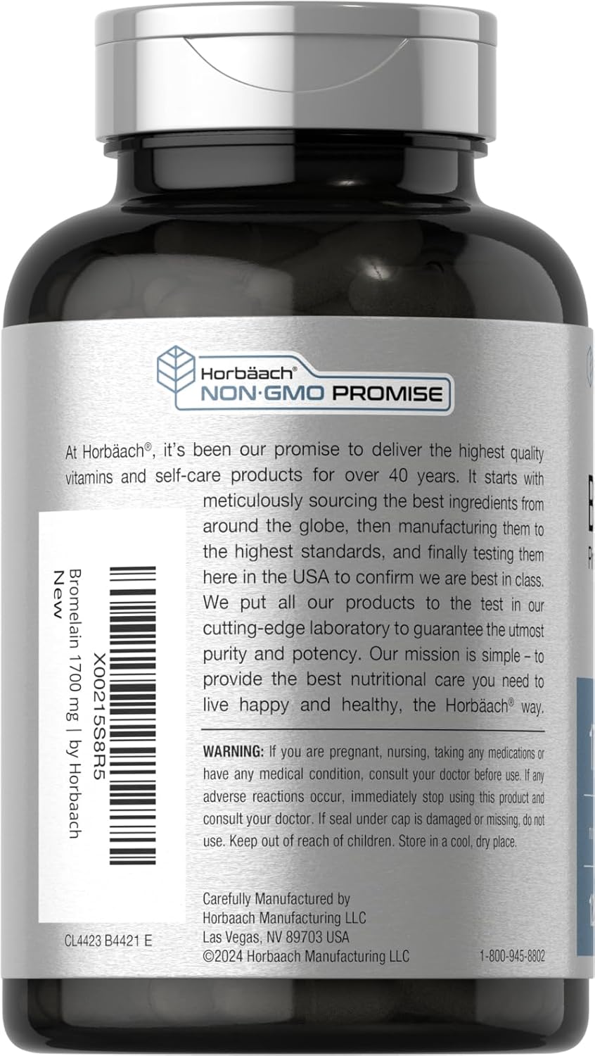 Digestive Health Support with Horbäach Bromelain 1700mg Capsules - 120 Count, Pineapple Enzyme, Non-GMO, Gluten Free