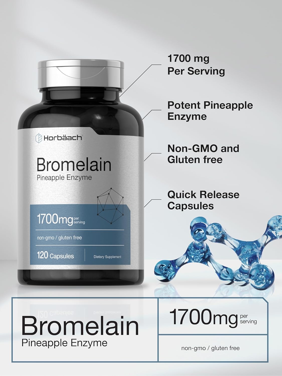 Digestive Health Support with Horbäach Bromelain 1700mg Capsules - 120 Count, Pineapple Enzyme, Non-GMO, Gluten Free