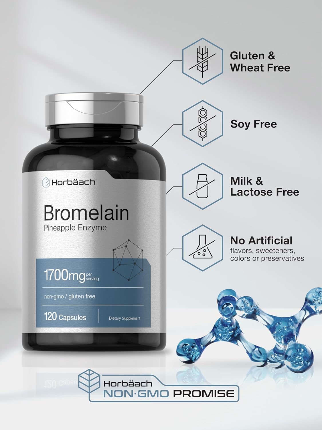 Digestive Health Support with Horbäach Bromelain 1700mg Capsules - 120 Count, Pineapple Enzyme, Non-GMO, Gluten Free