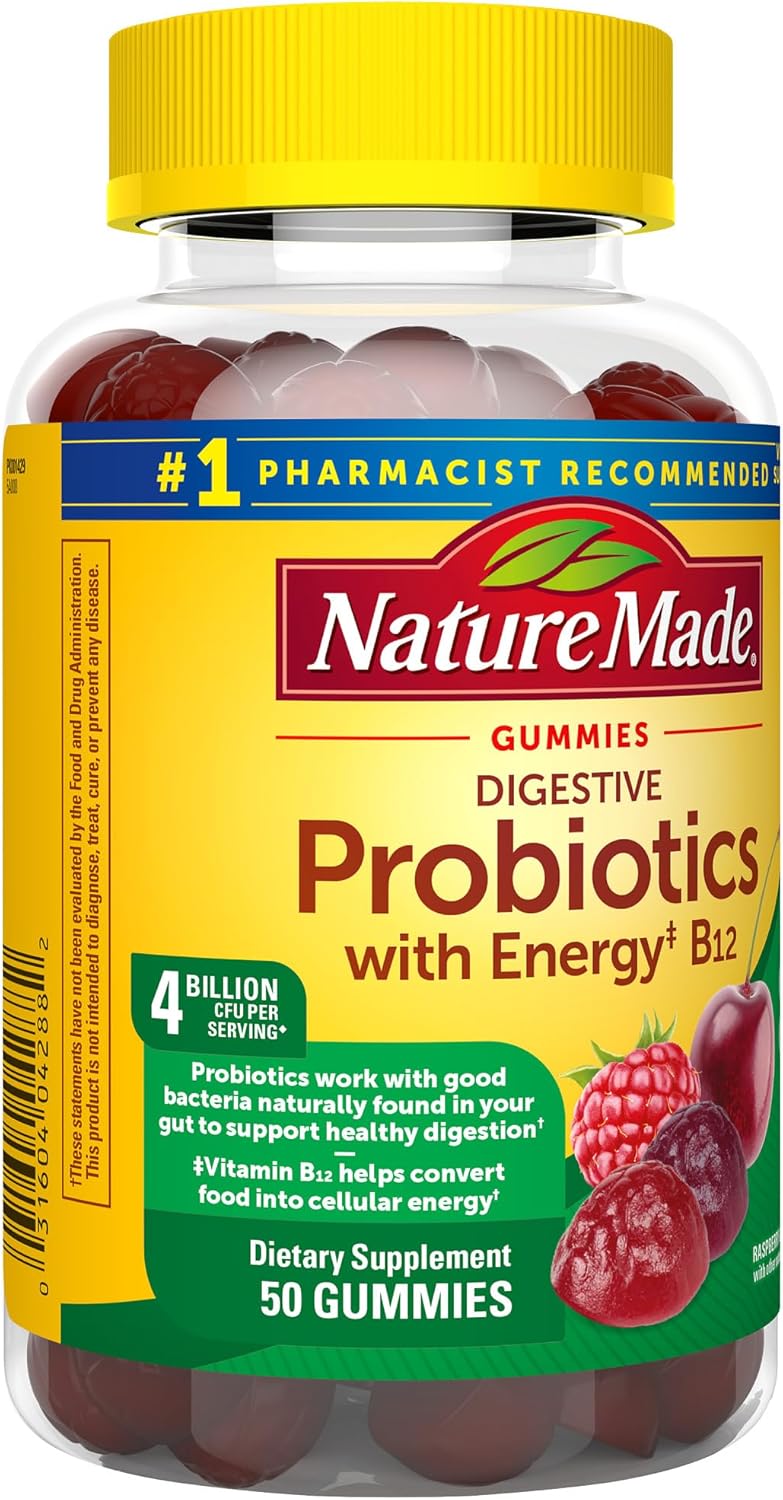 Digestive Probiotics and Energy B12 Gummies for Women and Men - 50 Probiotic Gummies