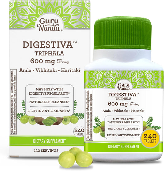Digestive Support with GuruNanda Triphala Tablets - 240 Count, Natural Relief for Bloating & Constipation, Amla, Haritaki, and Bibhitaki Supplement