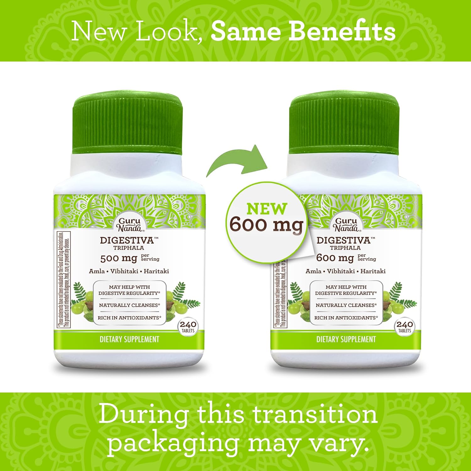 Digestive Support with GuruNanda Triphala Tablets - 240 Count, Natural Relief for Bloating & Constipation, Amla, Haritaki, and Bibhitaki Supplement