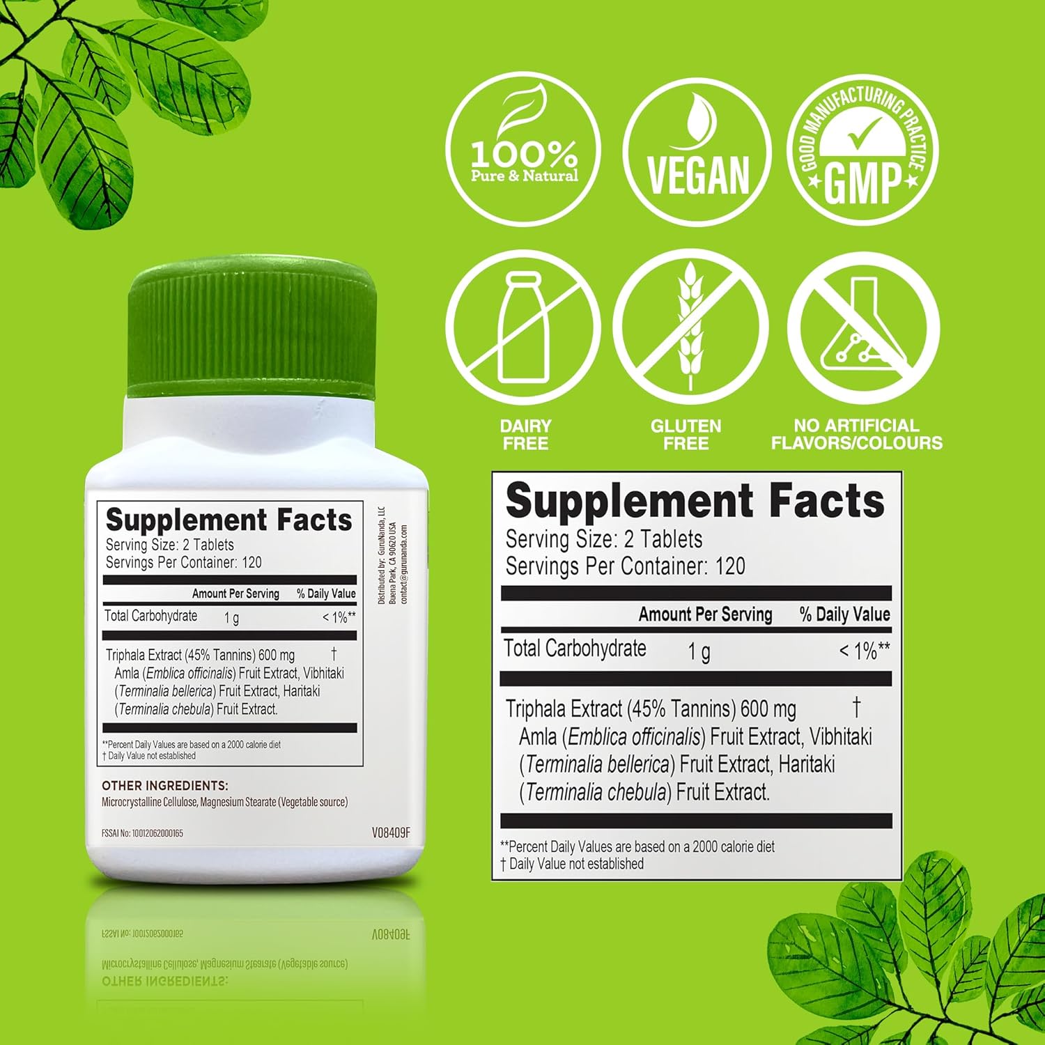 Digestive Support with GuruNanda Triphala Tablets - 240 Count, Natural Relief for Bloating & Constipation, Amla, Haritaki, and Bibhitaki Supplement