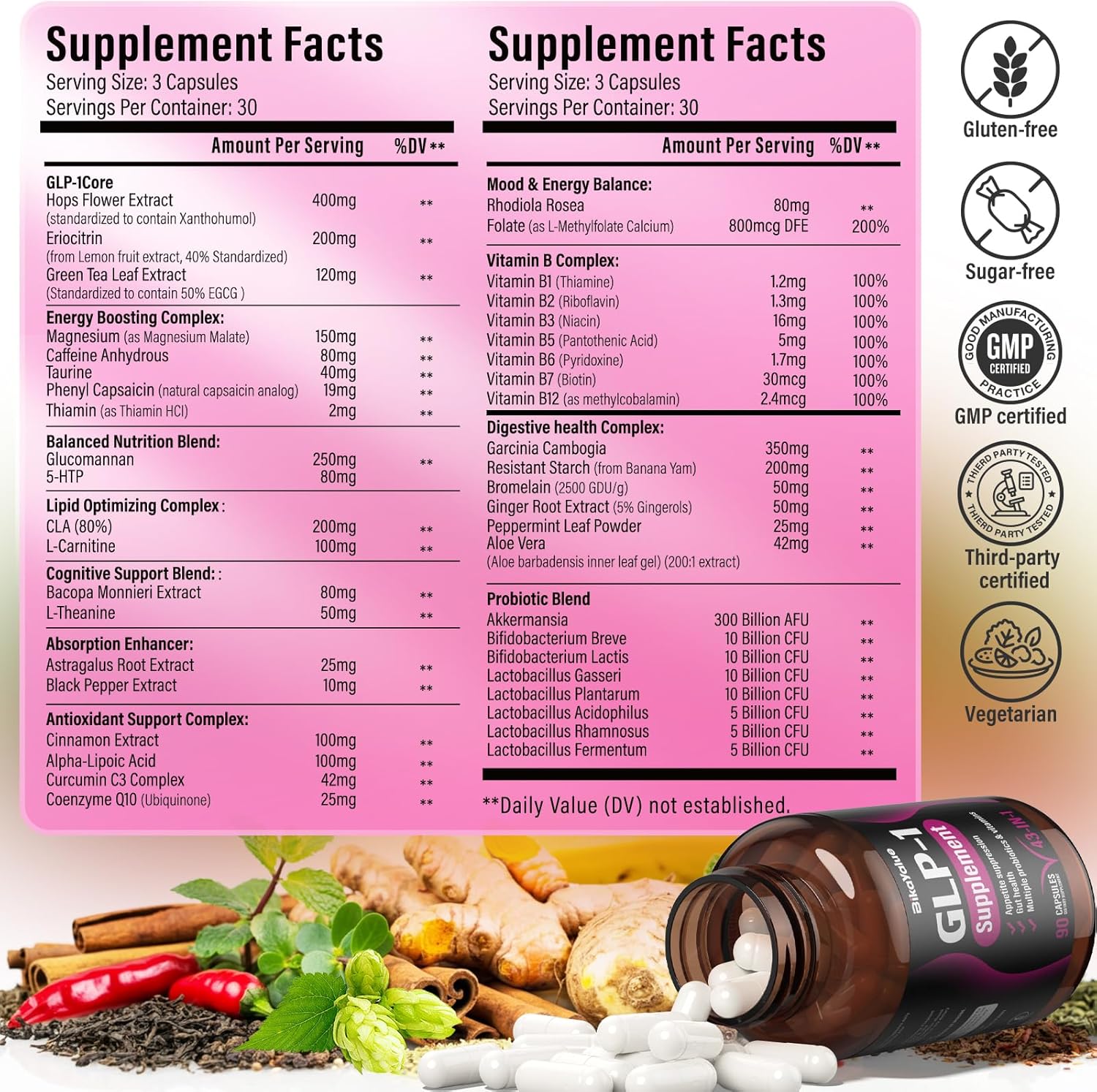 Digestive Wellness Support Supplement with Hops, Green Tea, Probiotics - 90 Capsules