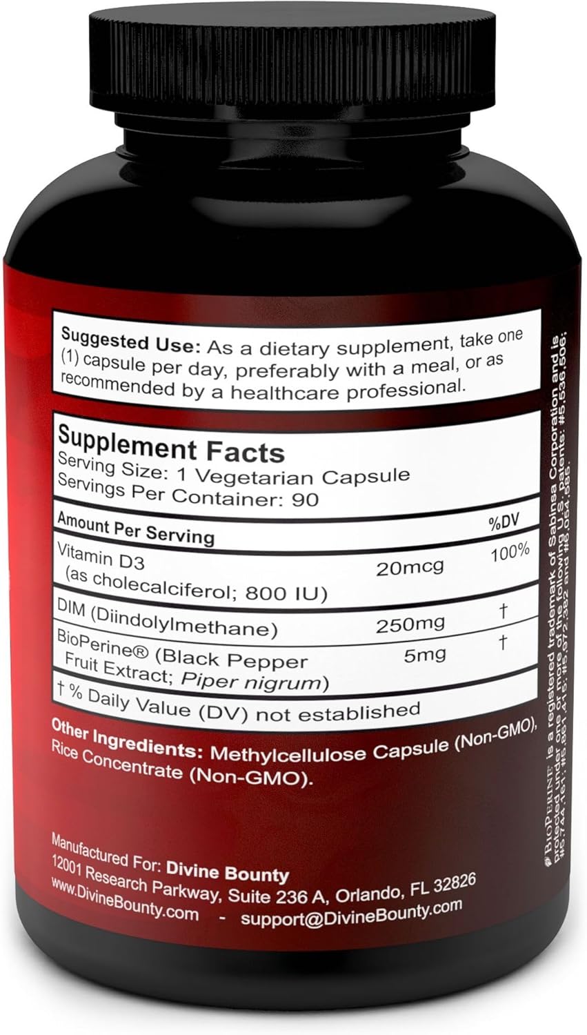Diindolylmethane (DIM) Supplement 250mg with Vitamin D3 & BioPerine - Hormone Balance Support for Menopause & Estrogen - 90 Veg Capsules