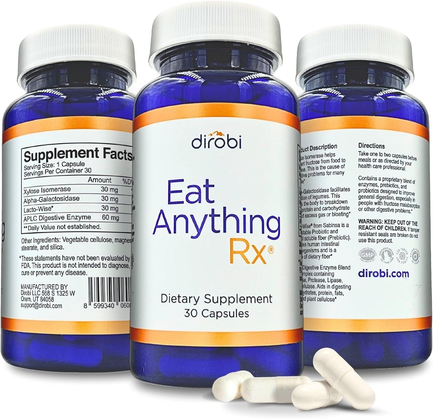 Dirobi FODMAP Supplement with Xylose Isomerase Enzymes for Gas & Bloating Relief - 30 Capsules