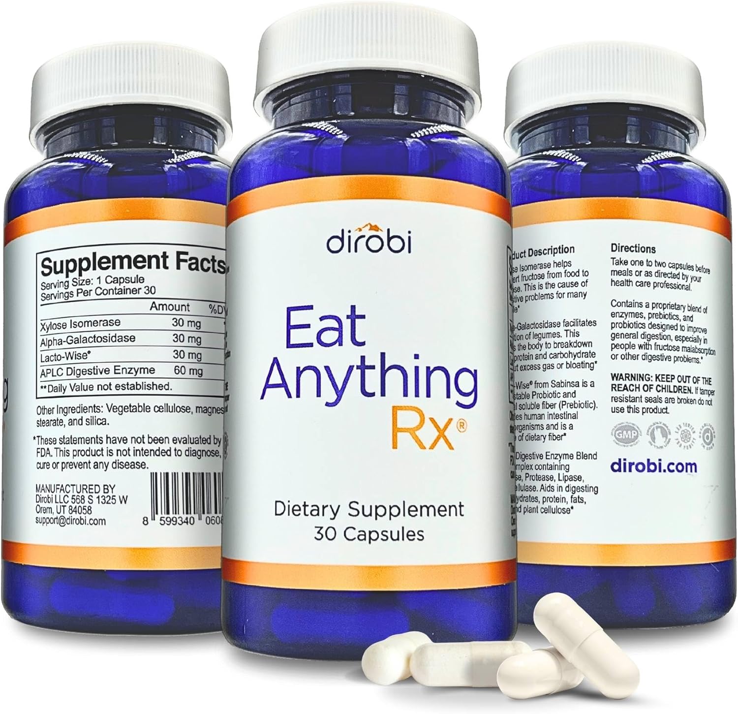 Dirobi FODMAP Supplement with Xylose Isomerase Enzymes for Gas & Bloating Relief - 30 Capsules