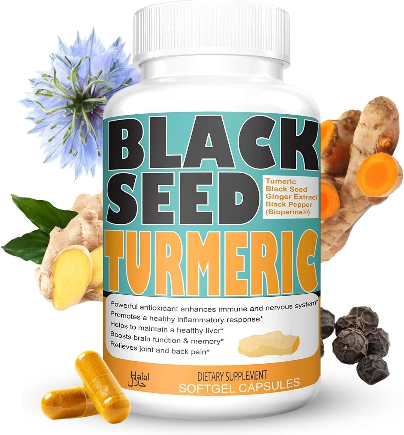 Discover the Benefits of Sweet Sunnah Black Seed Turmeric Capsules with Curcumin, Ginger, and Black Pepper - 60 Veggie Count