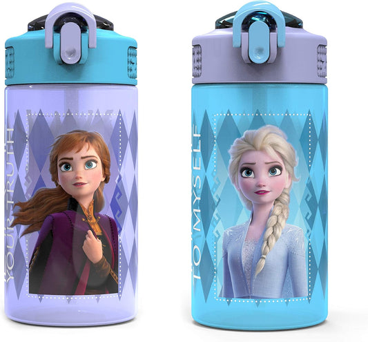 Disney Frozen 2 Kids Water Bottle Set with Reusable Straws, 16 oz BPA-Free Plastic, Leak-Proof Design, Elsa & Anna, 2pc Set